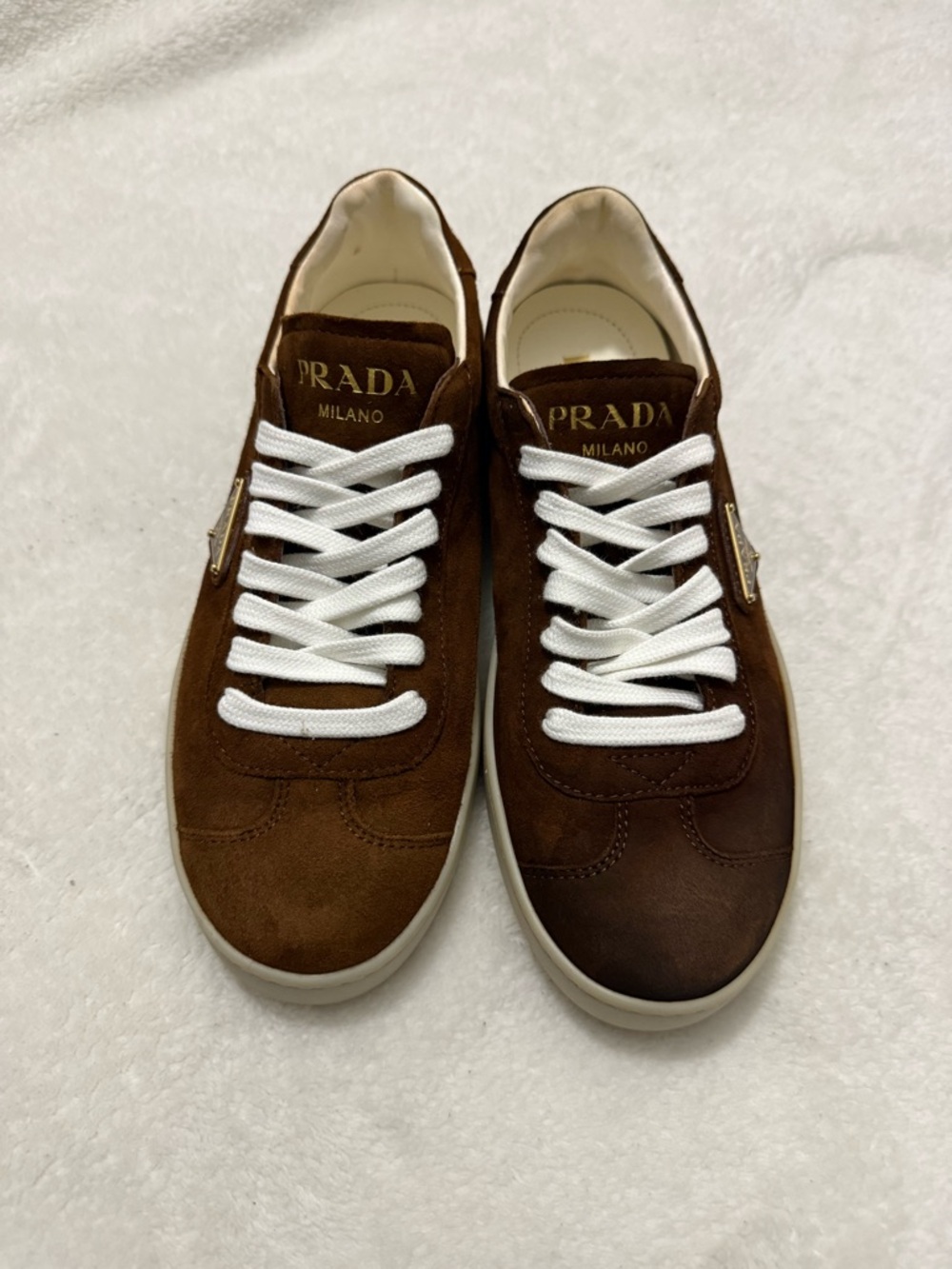 Prada Brown Suede Low-Top Sneakers with White Laces and Gold Accents